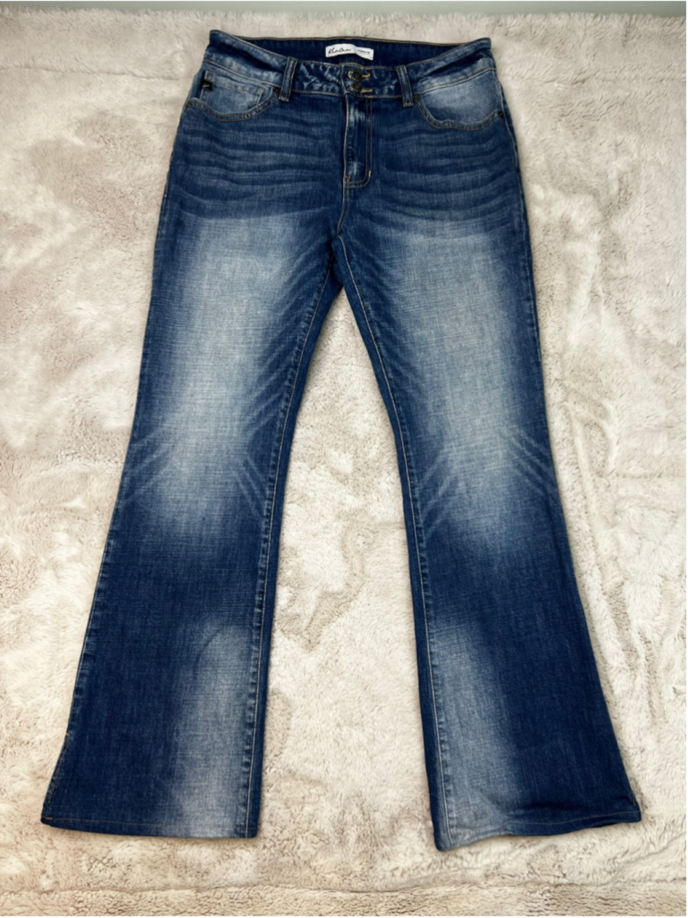 KanCan Flare Jeans Womens Size 29x30 Blue Fading Whiskers Double Button Hemmed